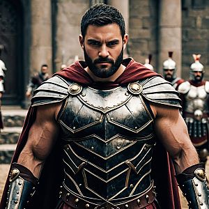 Male Gladiator Costume with Armor and Red Cape Intense Warrior