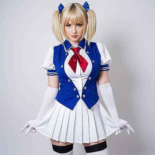Woman in Blue and White Schoolgirl Cosplay Costume with Blonde Twin Ponytails