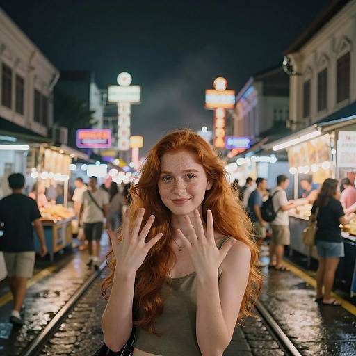 Red Haired Woman at Vibrant Night Market Street