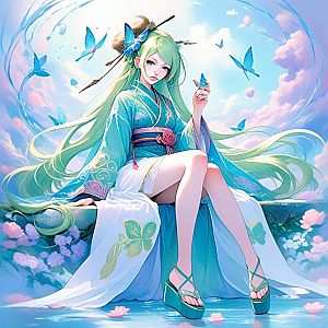 Serene Woman in Elegant Outfit with Green Hair and Butterflies