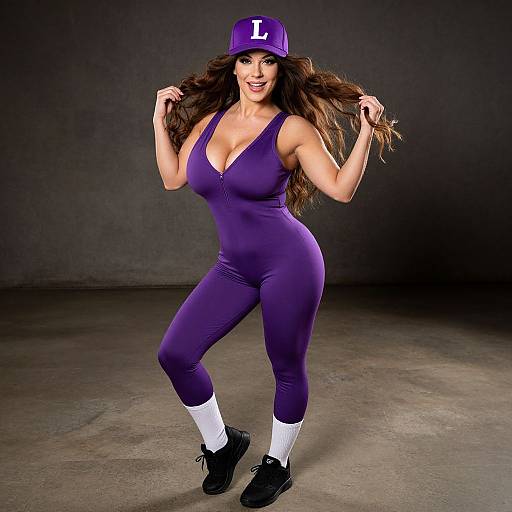 Confident Woman in Fitted Purple Jumpsuit and Cap Posing in Studio