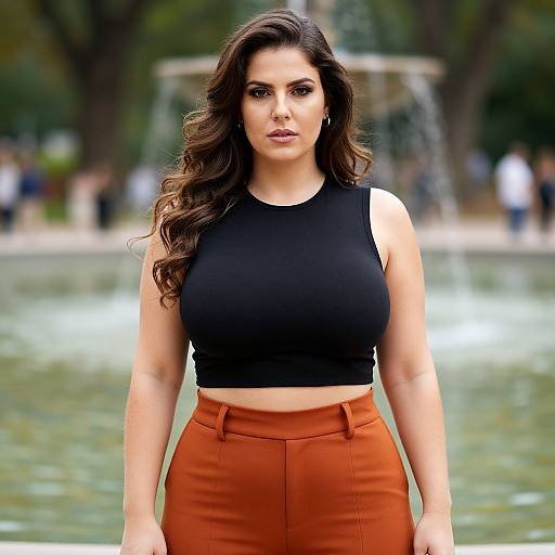 Confident Woman in Black Crop Top and Rust Trousers Outdoors