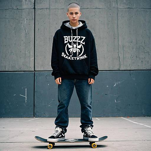 Young Man on Skateboard Wearing Black Hoodie in Urban Setting
