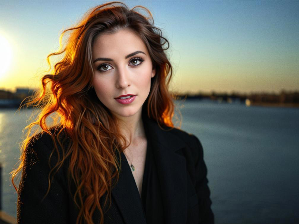 Portrait of Woman with Wavy Red Hair at Sunset