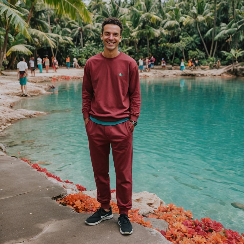 Man by Turquoise Lagoon in Red Tracksuit