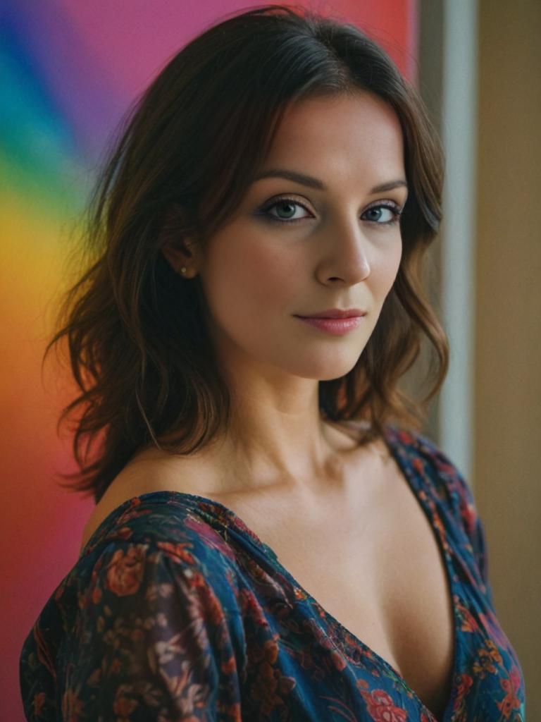 Confident Woman in Floral Dress Against Rainbow Backdrop