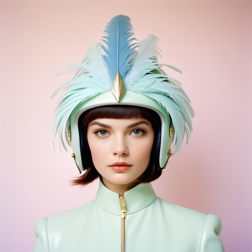 Woman in Artistic Motorcycle Helmet with Feathers