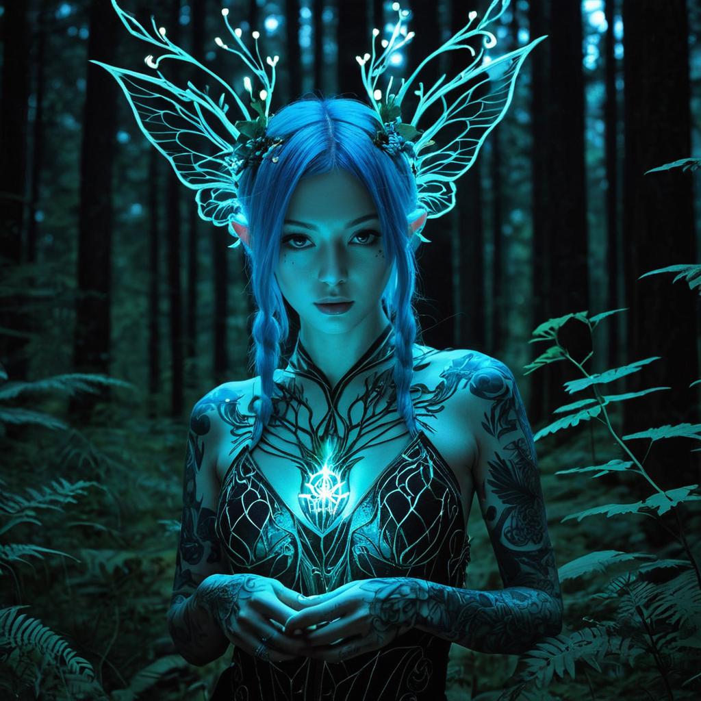 Mystical Woman with Glowing Wings in Enchanted Forest