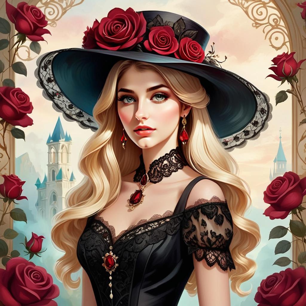 Elegant Woman in Black Lace Dress with Roses