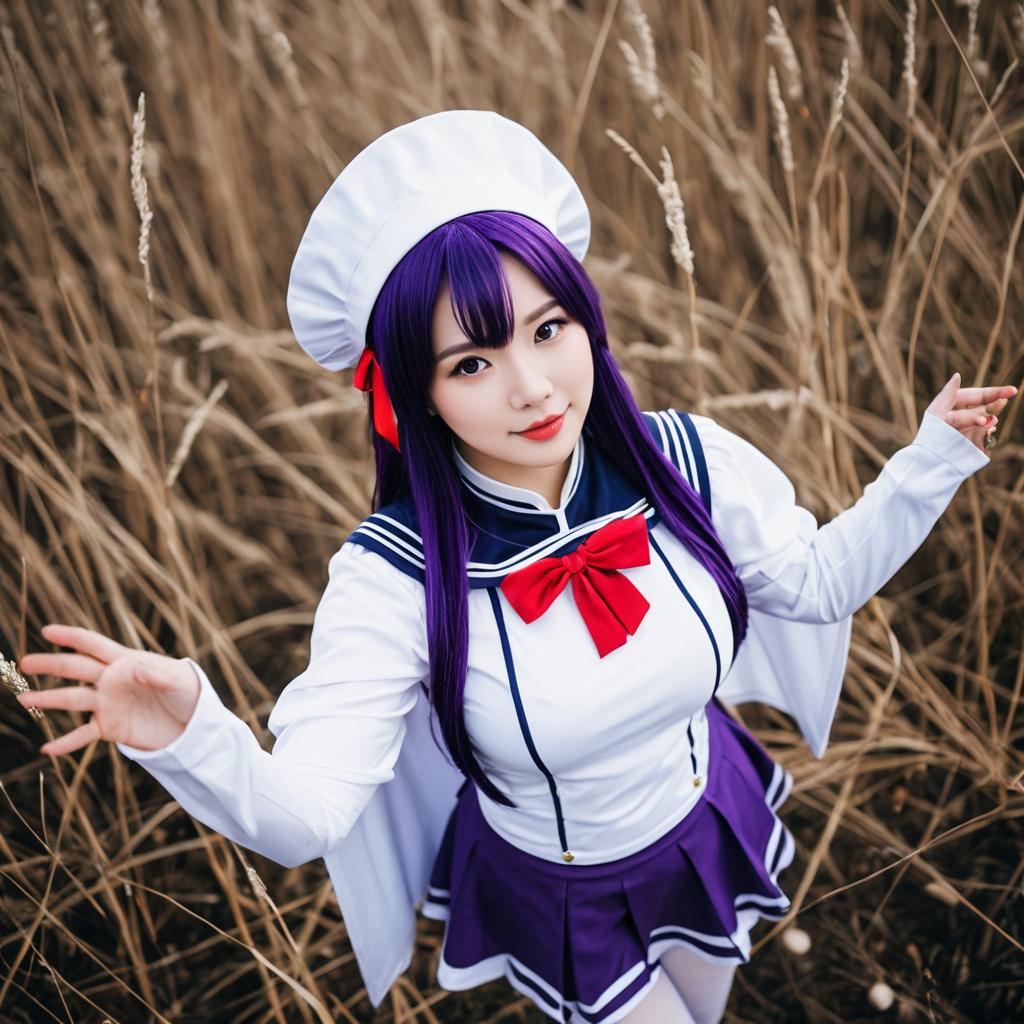 Azur Lane Ajax Cosplay Woman in Sailor Outfit with Purple Hair Outdoors