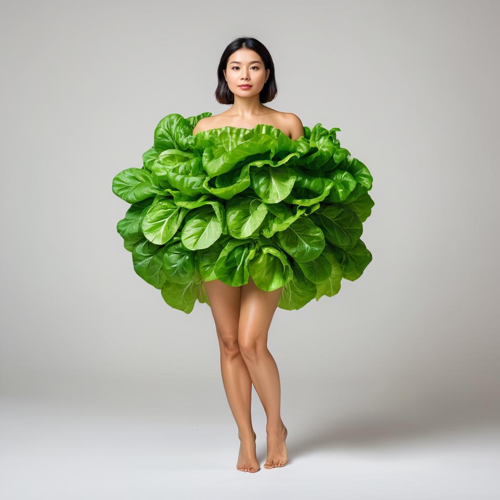 Woman in Lettuce Leaf Outfit - Fashion and Nature Fusion