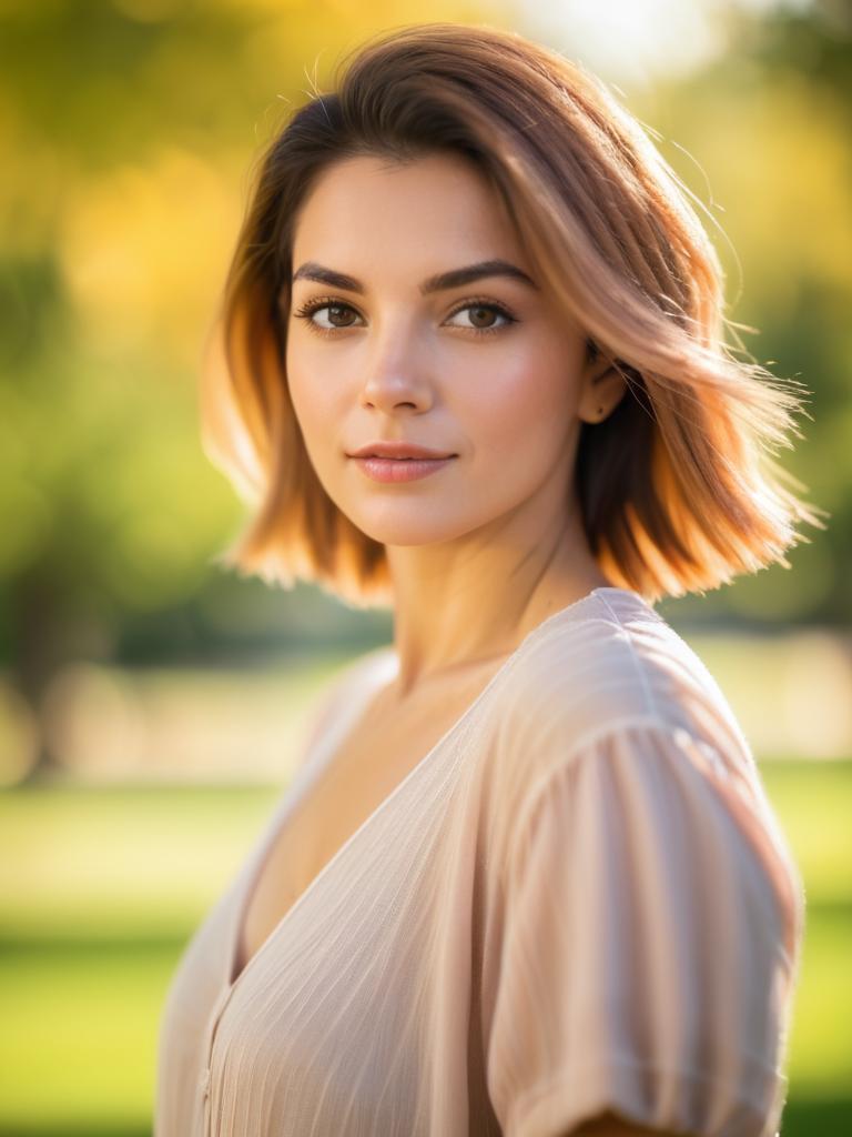 Young Woman with Soft Smile in Golden Sunlight