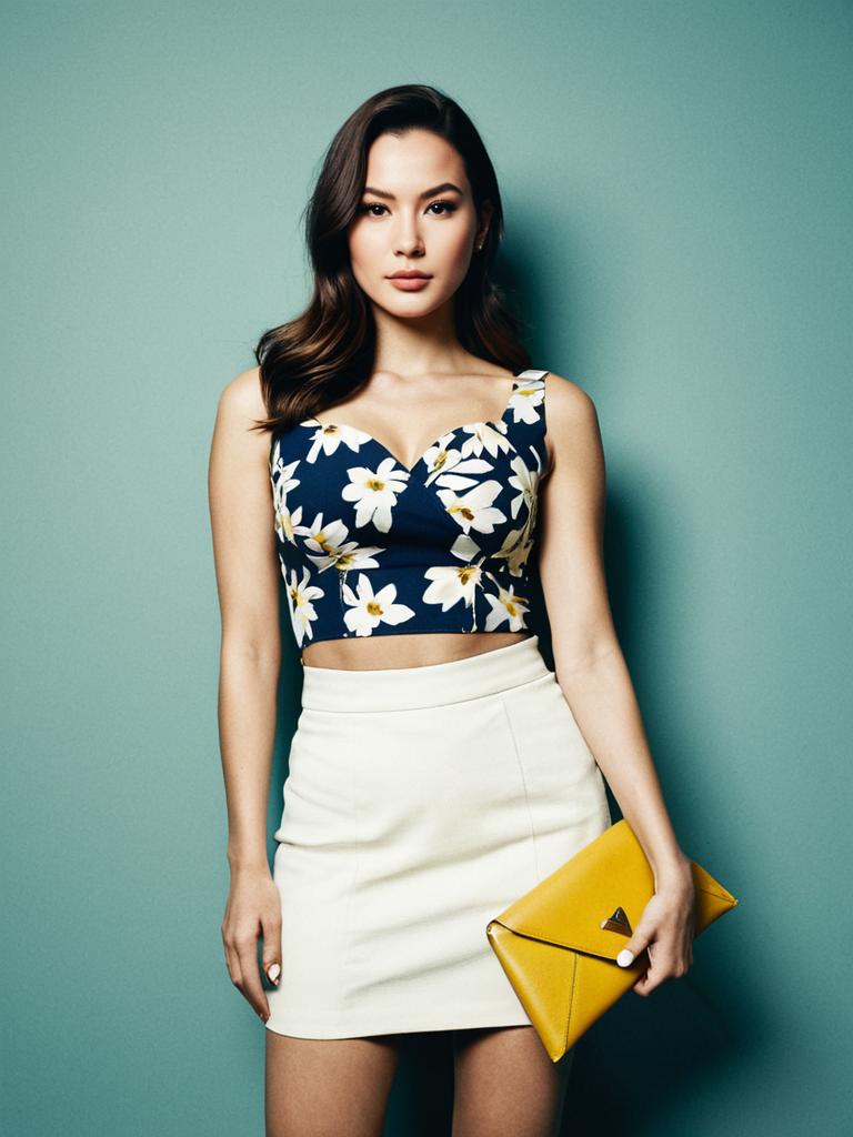 Woman in Trendy Floral Print Crop Top with Sweetheart Neckline and White Skirt