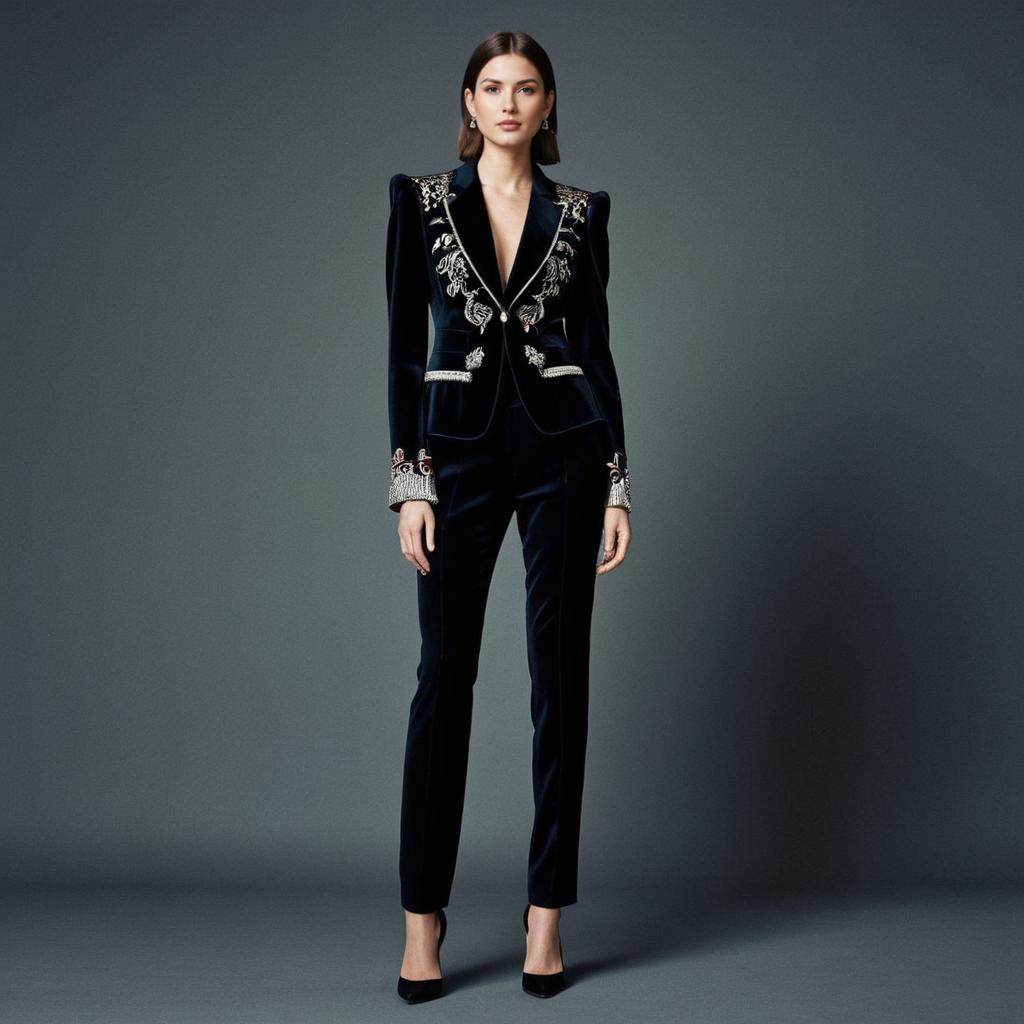 Elegant Woman in Embroidered Black Velvet Pantsuit with Silver Accents