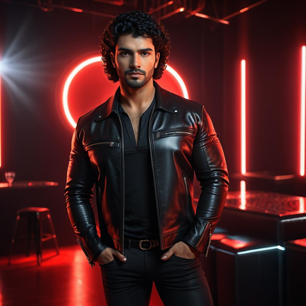 Man in Black Leather Jacket with Neon Lights