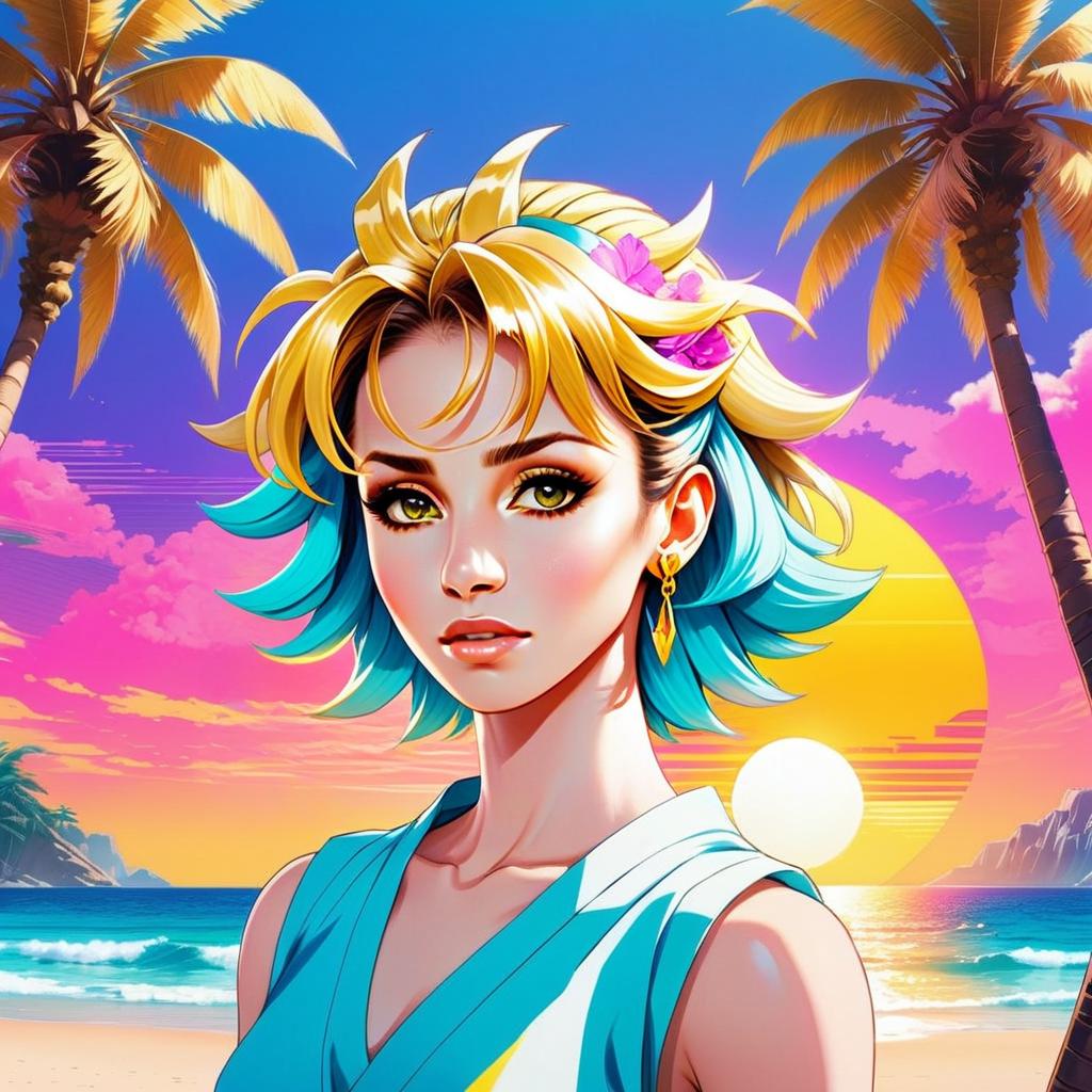Anime Woman with Blonde and Teal Hair at Tropical Beach Sunset Anime Woman with Blonde and Teal Hair at Tropical Beach Sunset