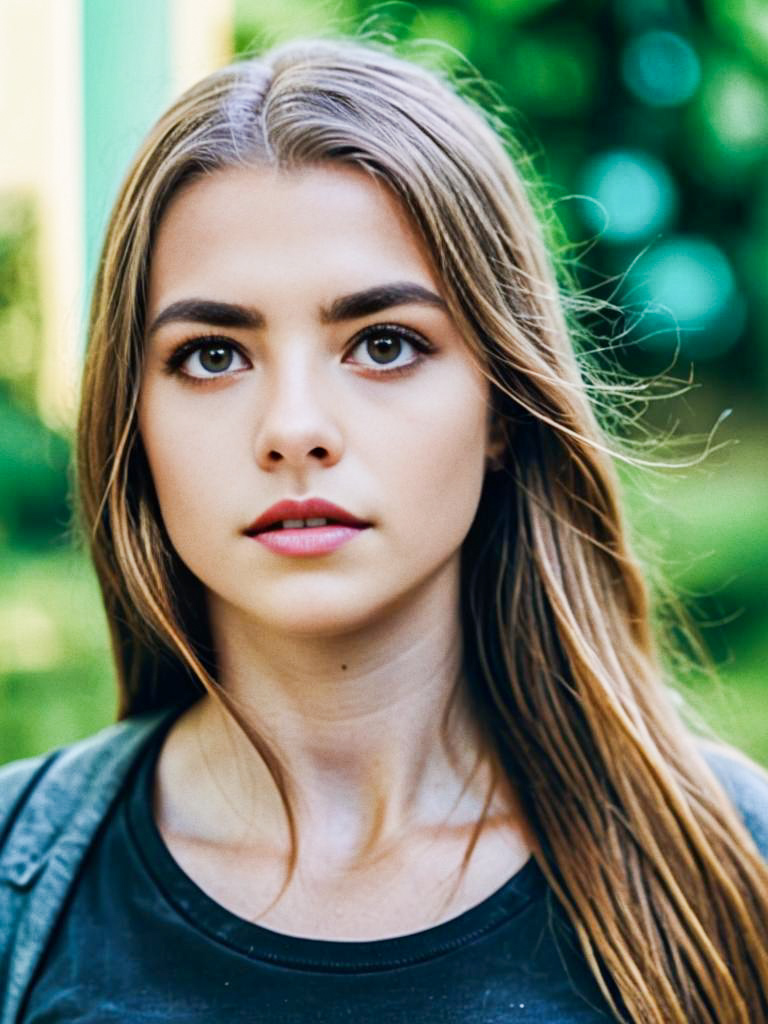 Young Woman with Long Hair in Green Background