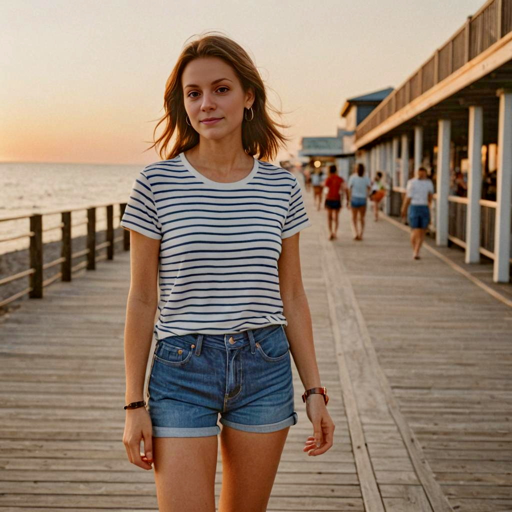 Young Woman Strolling on Scenic Boardwalk at Sunset