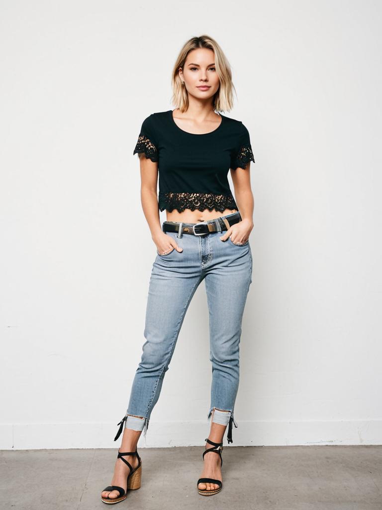 Young Woman in Black Lace Crop Top and Light Blue Jeans Fashion Outfit Young Woman in Black Lace Crop Top and Light Blue Jeans Fashion Outfit