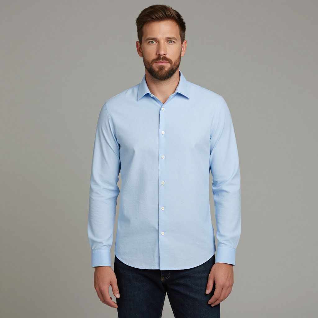 Man Wearing Light Blue Button-Up Shirt with Dark Jeans