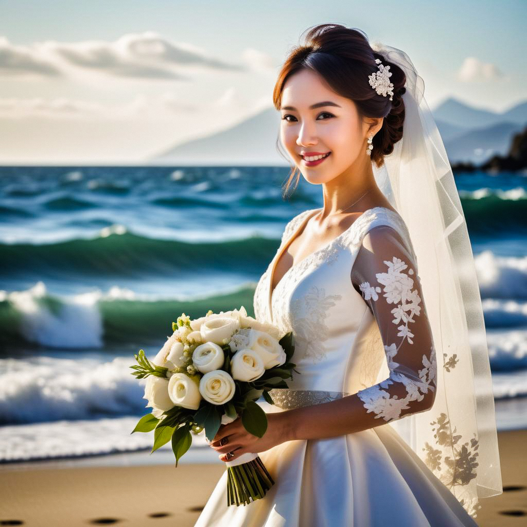 Smiling Bride in Elegant White Dress on Beach