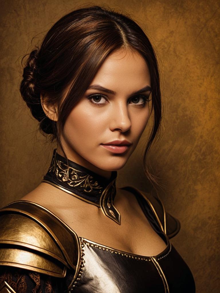 Realistic Halle Lidner Cosplay Woman in Golden Armor Portrait