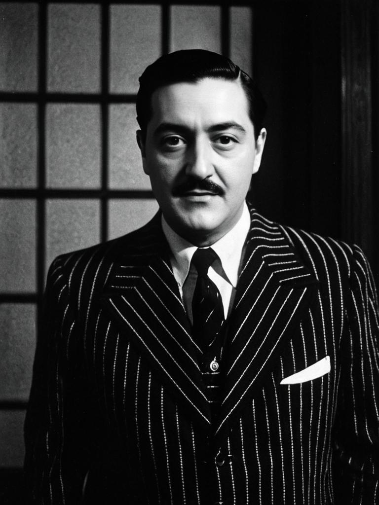 Man in Gomez Addams Costume Vintage Pinstripe Suit Editorial Fashion