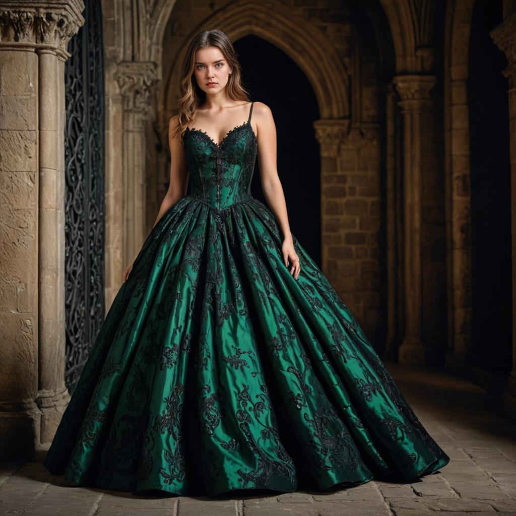 Woman in Dark Green Gown with Gothic Architecture