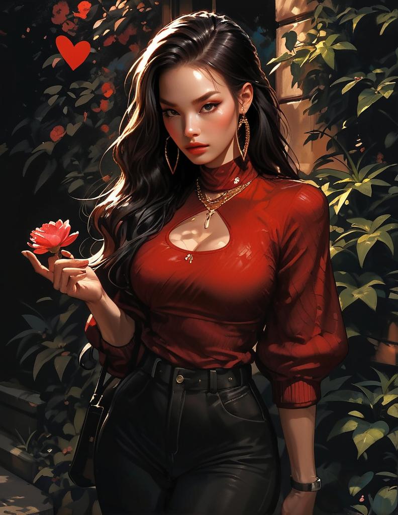 Stylish Woman in Red Top Holding Flower Digital Art Illustration