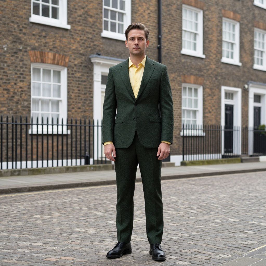 Man in Dark Green Suit with Yellow Shirt on Cobblestone Street