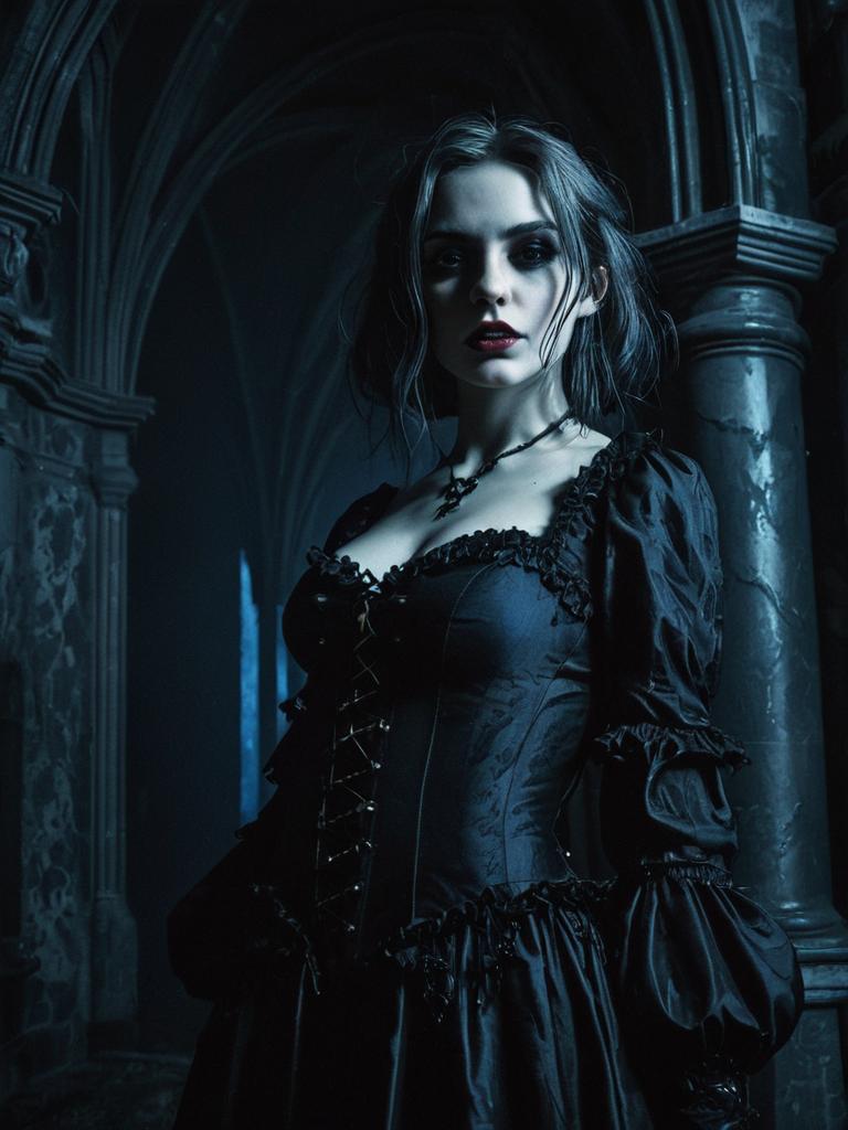 Gothic Woman in Black Corset Dress in Medieval Stone Corridor