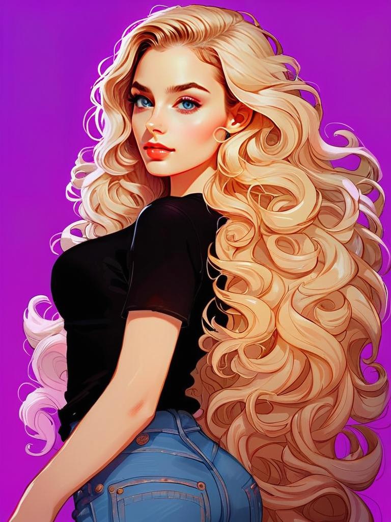 Woman with Blonde Hair and Blue Eyes on Purple Background