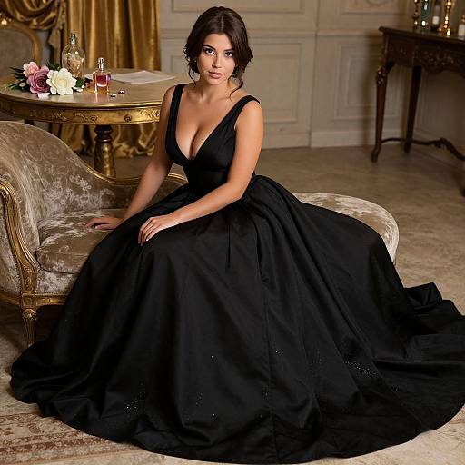 Elegant Woman in Black Ball Gown Sitting on Vintage Chaise Lounge