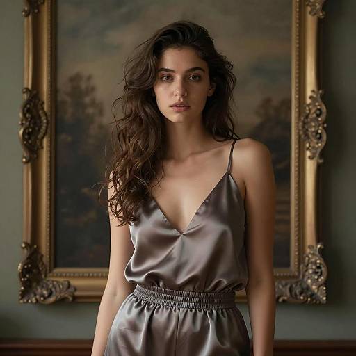 Young Woman in Silky Taupe Outfit Posing by Classic Framed Painting