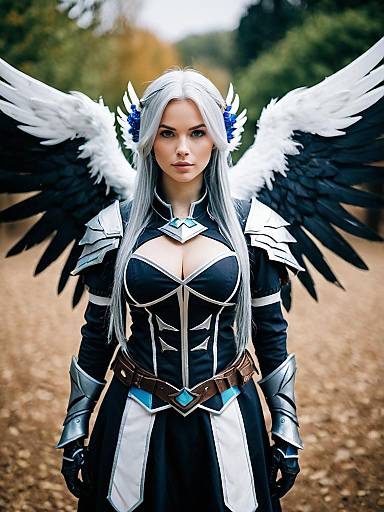 Mulberry Arknights Cosplay Woman with Black and White Wings in Detailed Armor
