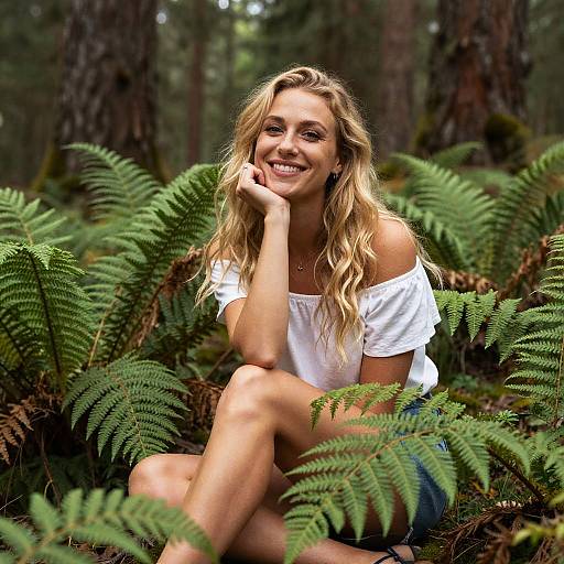 Blonde Woman Sitting Relaxed in Fern Forest Outdoors