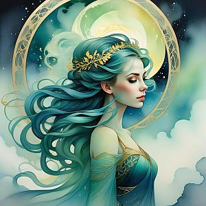 Serene Woman with Teal Hair and Golden Crown