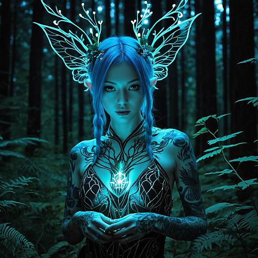 Mystical Woman with Glowing Wings in Enchanted Forest