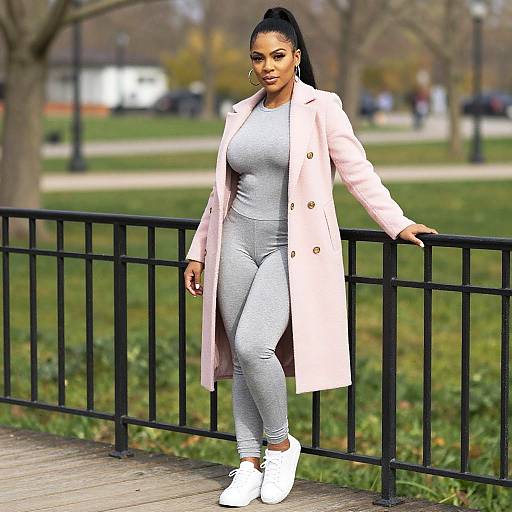 Stylish Woman in Pink Coat and Gray Jumpsuit Outdoors by Park Railing