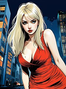 Blonde Woman in Red Dress Urban Night Digital Art Illustration