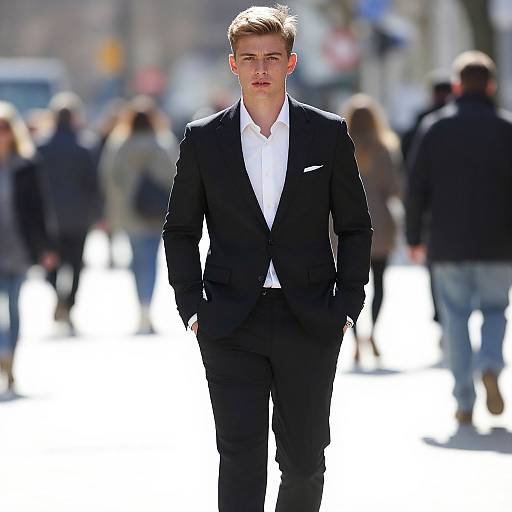 Young Man Walking in Black Suit on City Street