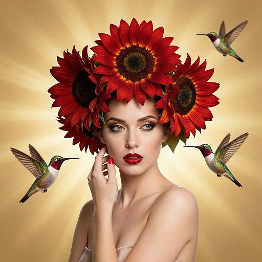 Elegant Woman with Red Sunflower Crown and Hummingbirds on Golden Background