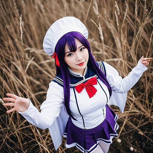 Azur Lane Ajax Cosplay Woman in Sailor Outfit with Purple Hair Outdoors
