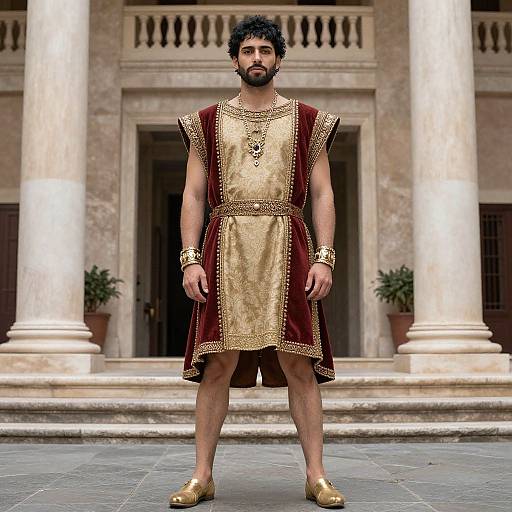 Man in Ancient Roman Style Costume with Classical Architecture Background