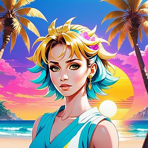 Anime Woman with Blonde and Teal Hair at Tropical Beach Sunset