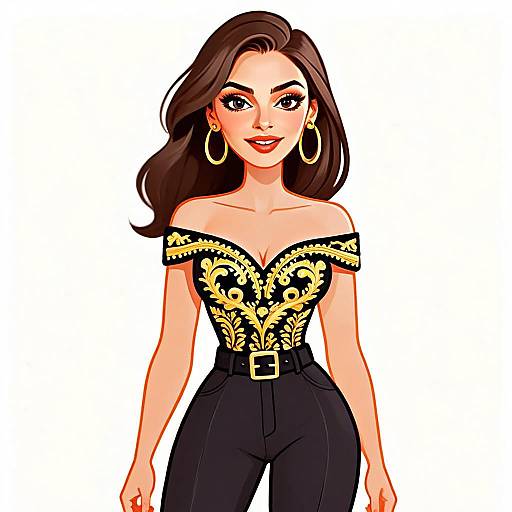 Stylish Woman Wearing Off-the-Shoulder Embroidered Top and High Waist Pants Digital Illustration