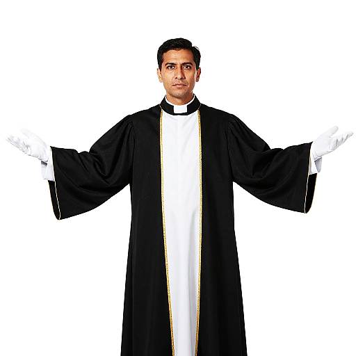 Man in Traditional Clergy Robe with Open Arms Gesture
