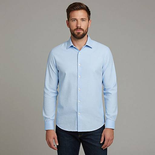 Man Wearing Light Blue Button-Up Shirt with Dark Jeans