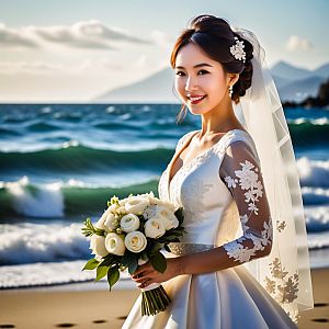 Smiling Bride in Elegant White Dress on Beach