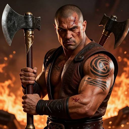 Fierce Warrior Man with Tribal Tattoos and Double-Headed Axe